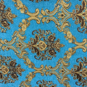 TURQUOISE BLUE GOLD Damask Chenille Upholstery Brocade Fabric (54 in.) Sold By The Yard