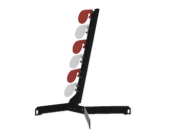 May include: A black metal shooting target stand with a vertical row of five red and white targets. The stand has a wide base for stability.