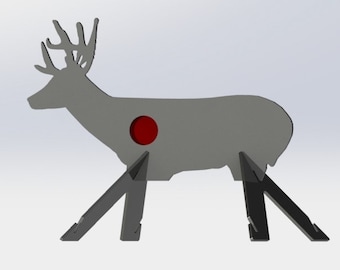 May include: A gray metal deer silhouette target with a red bullseye. The target is mounted on a black metal stand with three legs.