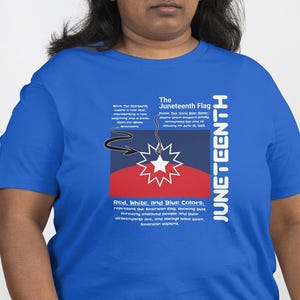 以下が含まれることがあります： ロイヤルブルーの半袖Tシャツ。白い星とバーストが描かれたジューンティーンスフラッグのグラフィックが特徴です。デザインには旗の象徴、色、歴史を説明するテキストが含まれており、JUNETEENTHという文字が垂直に白でプリントされています。