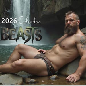2026 Calendar #07 - Beasts (Spiral Fold Design,11x17&quot; Unfolded) - Hairy Man - Muscle Bear- Mature Content  - Gay Art Gift - LGBTQ Gift