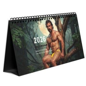 Desktop Calendar 2026 #02b - 10x5in, Nature Embrace + Man Form in Nature - Mature Content - Hunks - Gay Art Calendar - LGBTQ Gift