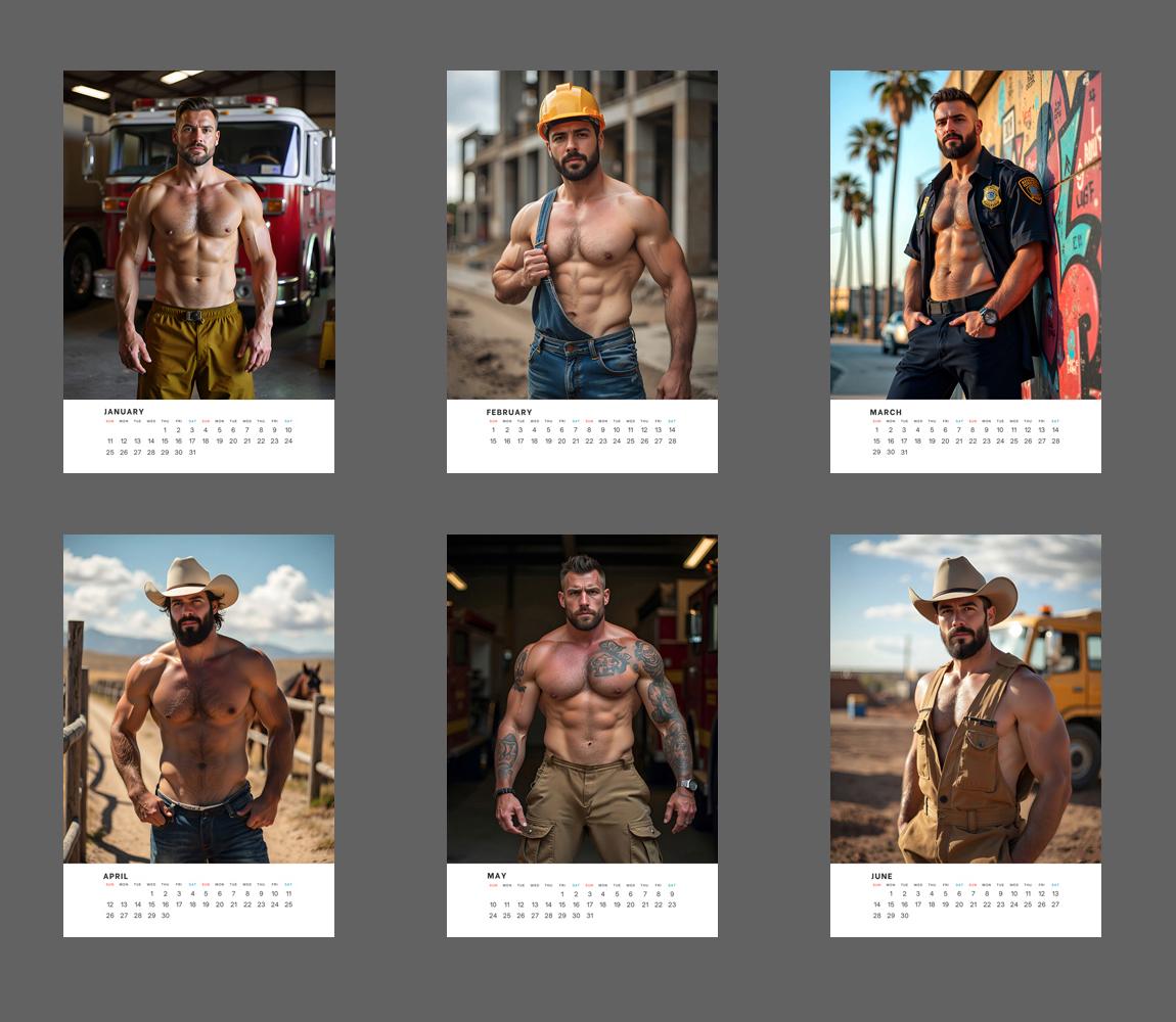 2027 Men at Work Calendar Bare Chested Firefighters, Cowboys