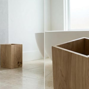 Solid Oak Wastebasket – Minimalist Natural Wood Handmade Bin