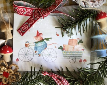 Carte mignonne souris, lutin de Noël et champignons - jolie carte de voeux souris à vélo - aquarelle poésie rêverie, nostalgie enfance