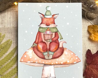 Carte Postale, Carte de Voeux, Carte de Noël 'Renard sur Champignon' format A6 105x148 mm