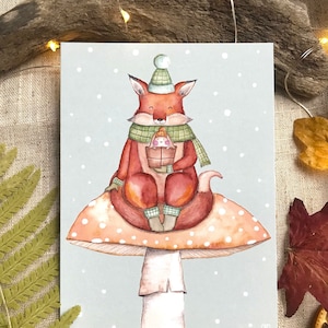 Carte Postale, Carte de Voeux, Carte de Noël 'Renard sur Champignon' format A6 105x148 mm