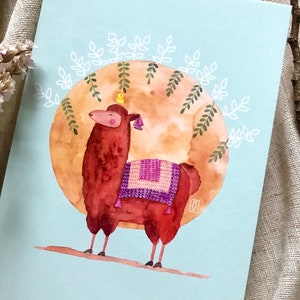 Carte 'Lama' format A6 105x148 mm - animal mignon aquarelle - souvenir Argentine et Patagonie - idéal cadeau fête des mères et pères