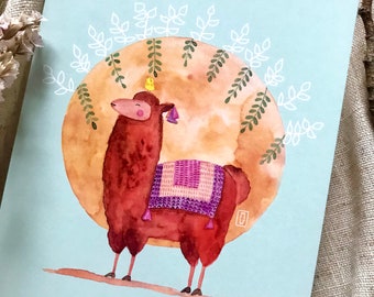 Carte 'Lama' format A6 105x148 mm - animal mignon aquarelle - souvenir Argentine et Patagonie - idéal cadeau fête des mères et pères