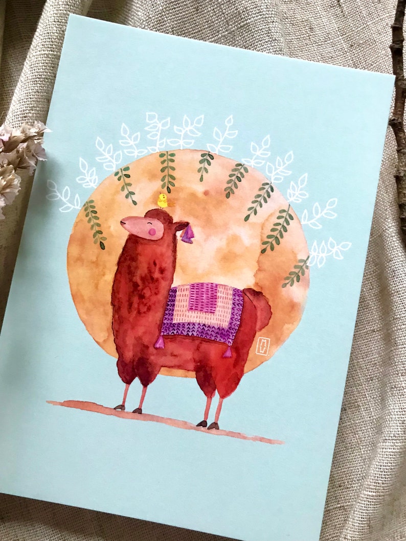 Carte 'Lama' format A6 105x148 mm - animal mignon aquarelle - souvenir Argentine et Patagonie - idéal cadeau fête des mères et pères image 1