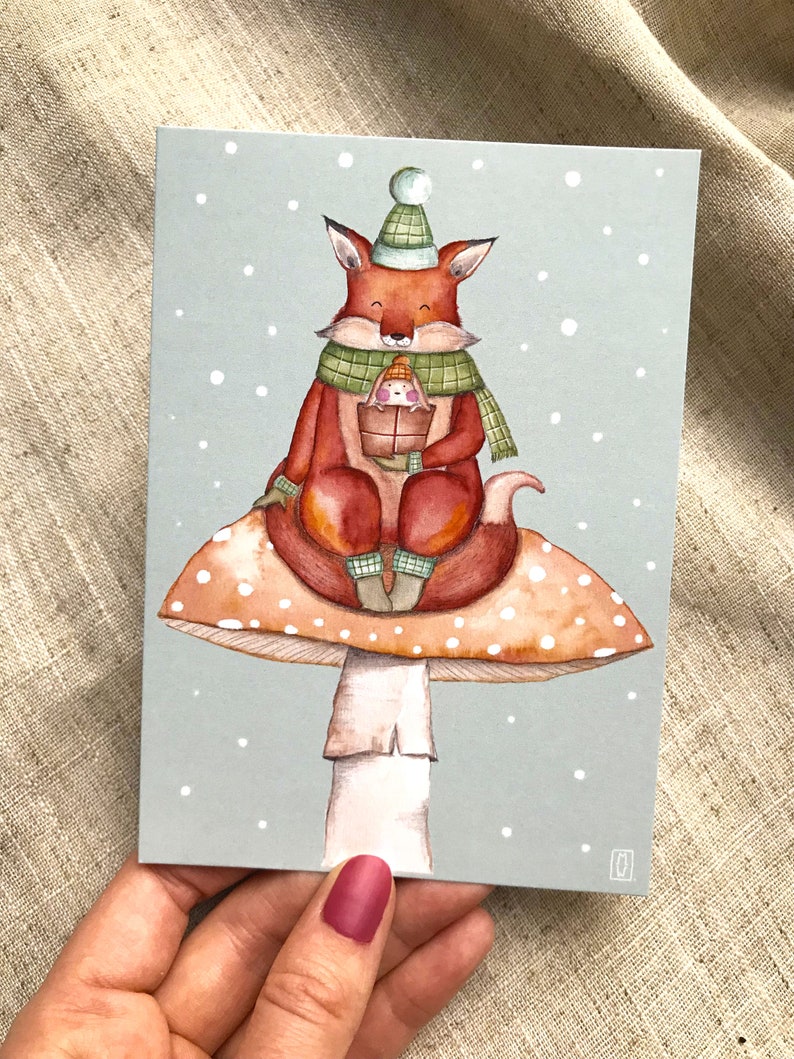Cartolina, Biglietto d'auguri, Biglietto di Natale 'Volpe sul fungo' formato A6 105x148 mm immagine 5