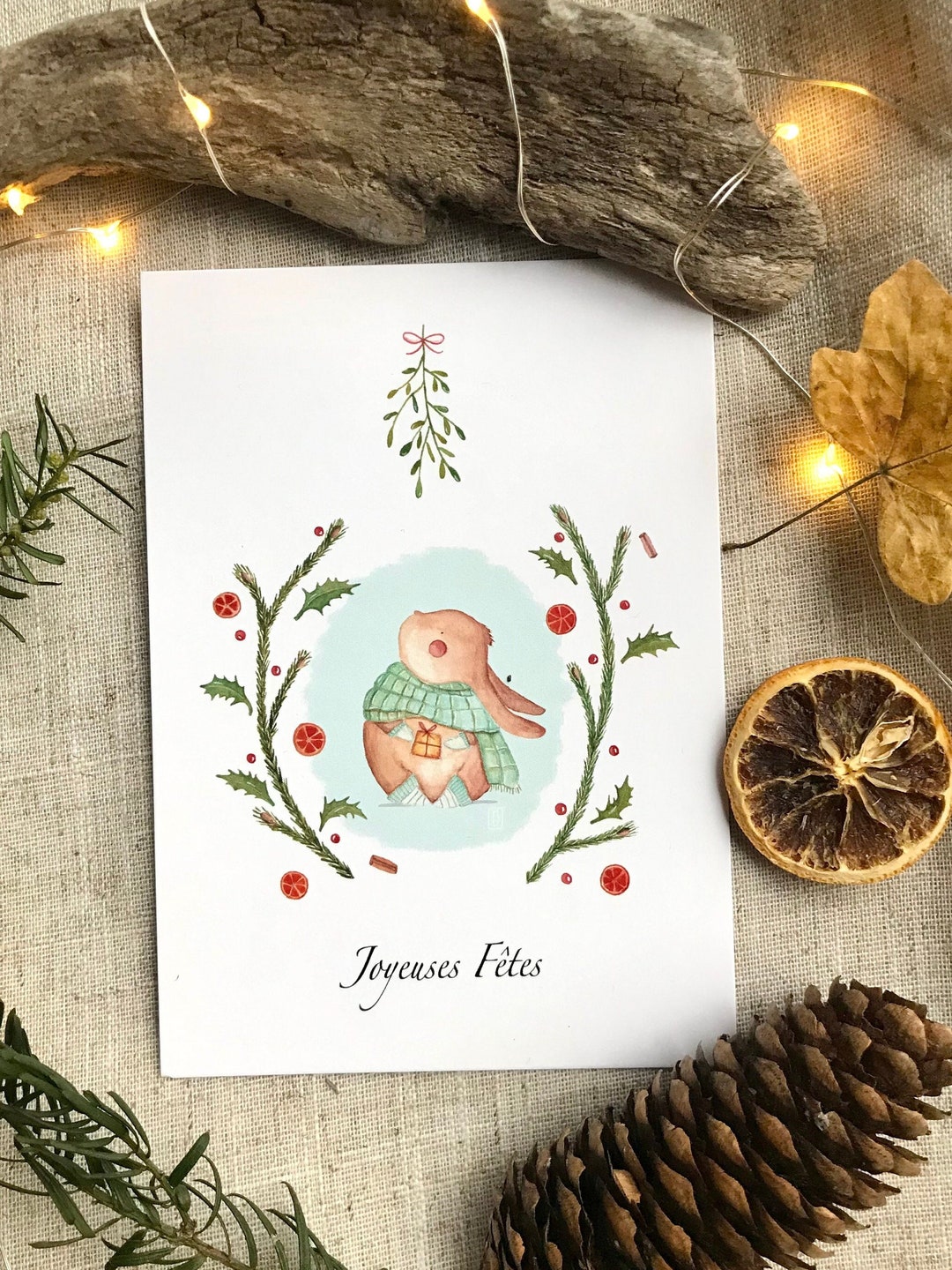 Christmas Card, Happy Holidays Greeting Card 'rabbit Under Mistletoe ...