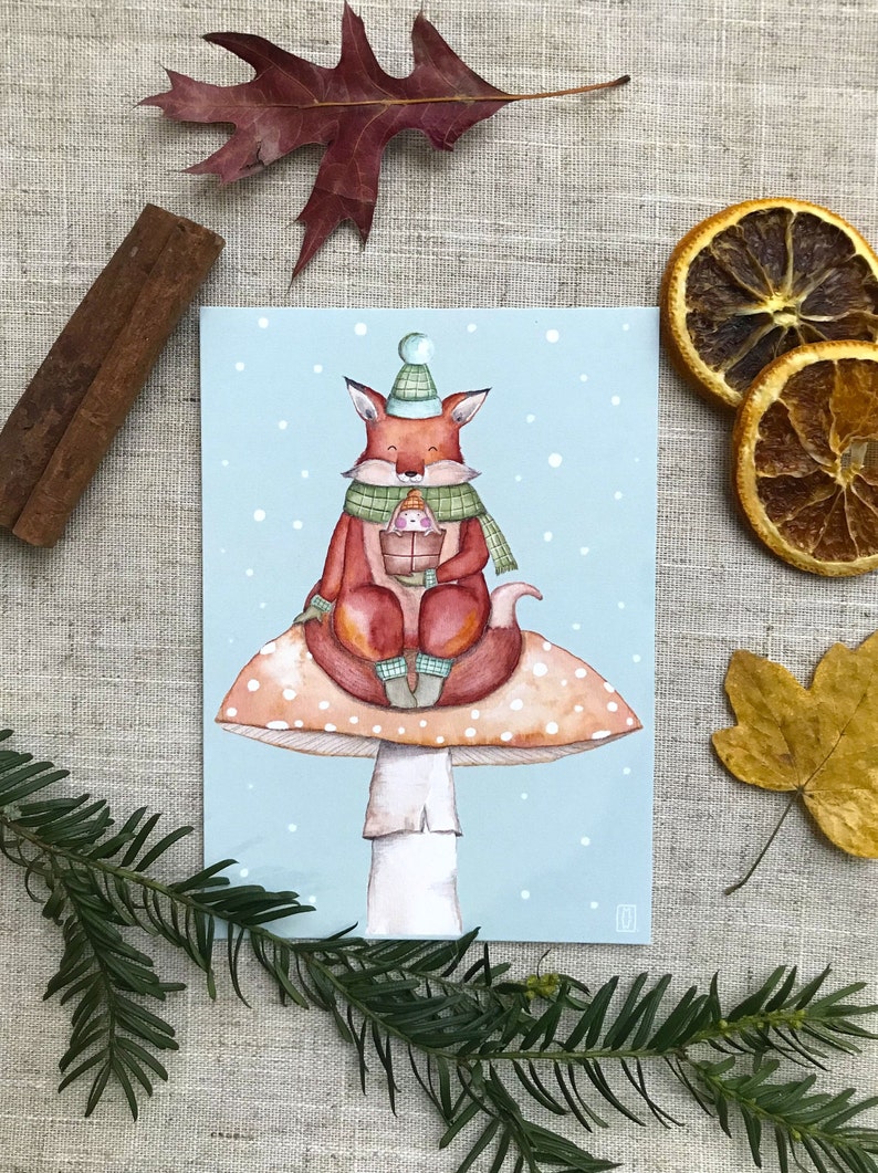 Cartolina, Biglietto d'auguri, Biglietto di Natale 'Volpe sul fungo' formato A6 105x148 mm immagine 4