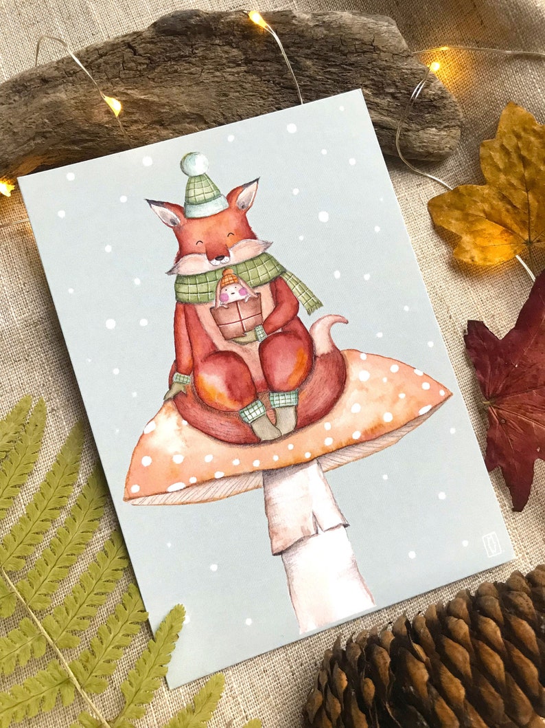 Cartolina, Biglietto d'auguri, Biglietto di Natale 'Volpe sul fungo' formato A6 105x148 mm immagine 2