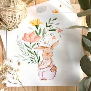 Jolie carte carrée + enveloppe beige. Au choix: Lapin bouquet de fleurs; Cottage printemps fleuri; Œuf Joyeuses Pâques, fête des mères