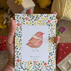 Carte poétique qualité supérieure A6 collection Hana - Rouge-gorge Souris bicyclette Motifs Liberty - Carte fleurie aquarelle animal mignon
