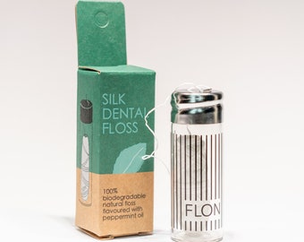 Hilo dental de seda biodegradable: Sabor a menta natural, frasco de vidrio (30 ml)