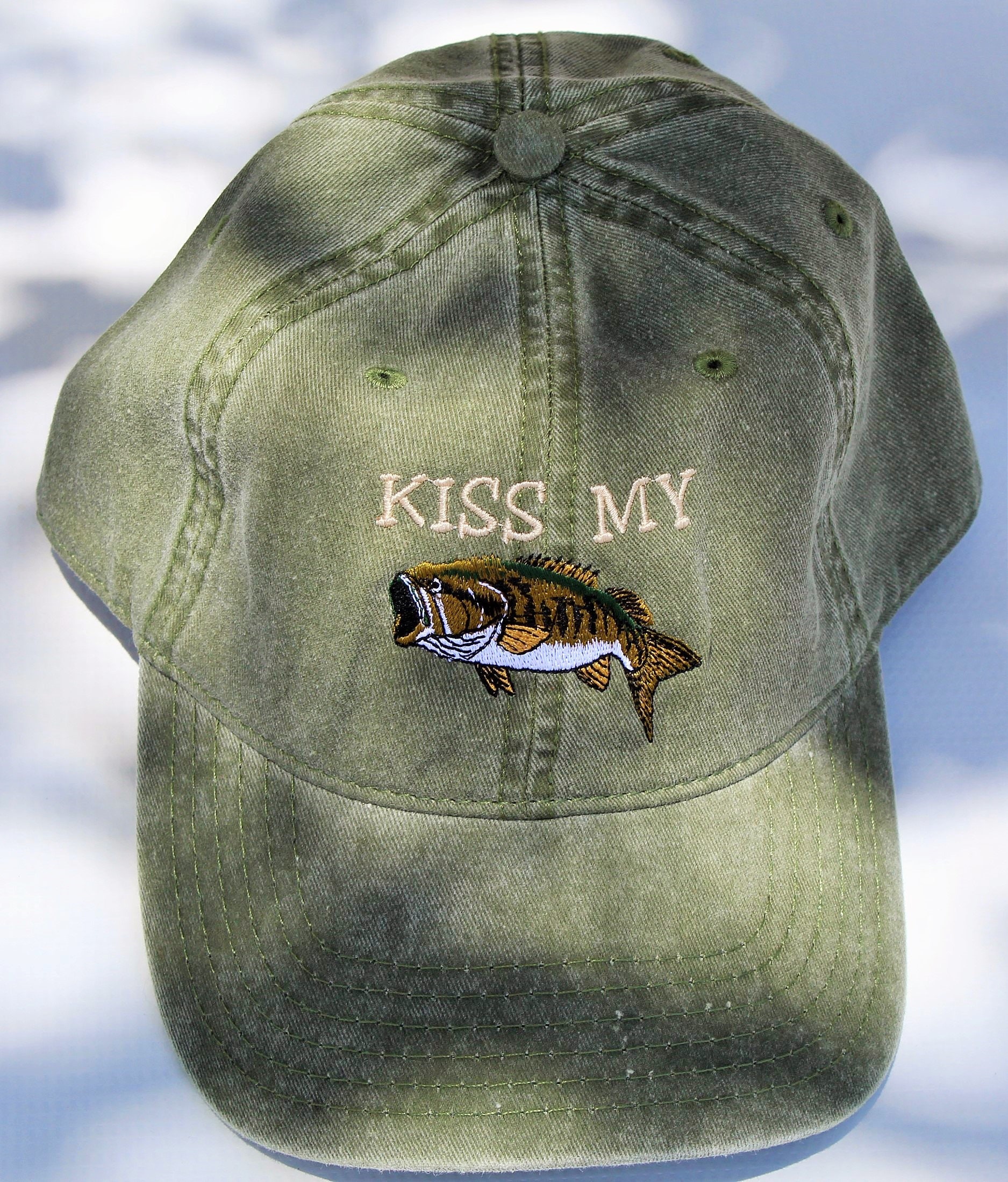 Kiss my Bass Fishing Cap Black All Embroidered Hat Strapback One