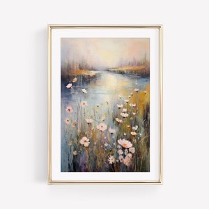 Vintage Floral River Landscape, Printable Wall Art, Digital Print