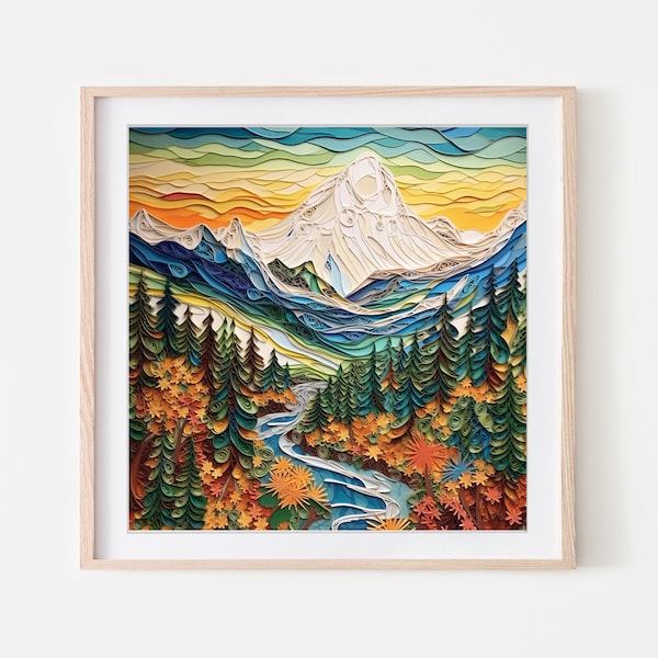 Mountains And A Winding River, Printable Wall Art, Quilling