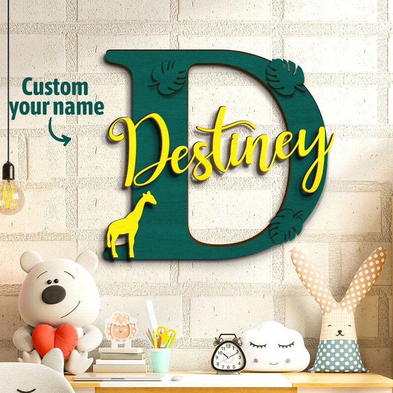 Personalized Jungle Name Sign Wooden Letter Initial Wall Plaque Wooden Letter Toy Box Sign