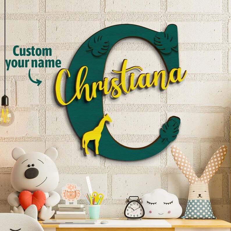 Personalized Jungle Name Sign Wooden Letter Initial Wall Plaque Wooden Letter Toy Box Sign