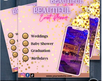 May include: A pink and gold social media graphic with the text "BEAUTIFUL Event Planner" and a list of services offered: Weddings, Baby Shower, Graduation, Birthdays. The graphic also includes a smartphone image of a decorated event space and the website address www.yourwebsite.com. The text "EDIT IN CANVA" is at the bottom of the graphic.