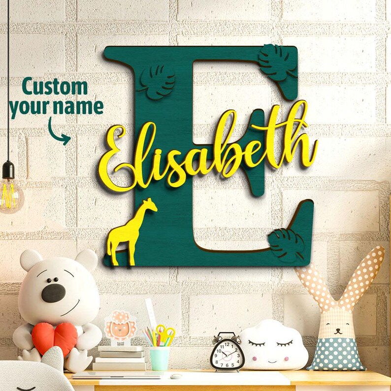 Personalized Jungle Name Sign Wooden Letter Initial Wall Plaque Wooden Letter Toy Box Sign