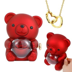 Eternal Rose Teddy Bear Gift Box, Personalized Double Heart Necklace