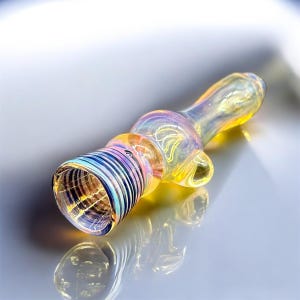 Könnte beinhalten: Eine Glaspfeife mit gelber und irisierender Oberfläche. Die Pfeife hat ein ausgestelltes Mundstück mit einem Spiralmuster und einen langen, dünnen Schaft.