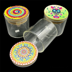 Glass Stash Jar with Tight Wood Lid 68mm , Professional Colored Picture Logo