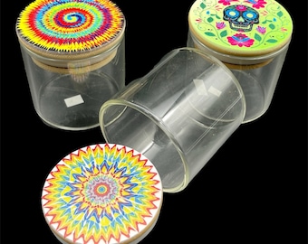 Glass Stash Jar with Tight Wood Lid 68mm , Professional Colored Picture Logo