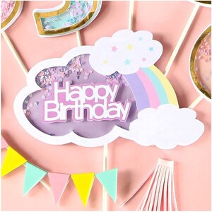 Ultra-shiny Sequin Rainbow Happy Birthday Cake Topper with Crown and Gold Edges Heart Star Cake Toppers