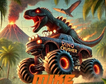 Rompecabezas personalizado de camión monstruo de dinosaurio: juguete educativo para niños, aventura todoterreno de dinosaurios, camión monstruo Godzilla, regalo de cumpleaños, juguete educativo