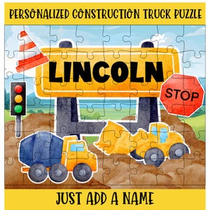 Personalized Construction Truck Puzzle: Custom Birthday Gift for Kids