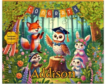Gepersonaliseerde afstudeerdierenpuzzel voor kinderen: grillige bosdieren, vroeg afstudeercadeau, afstudeeraandenken