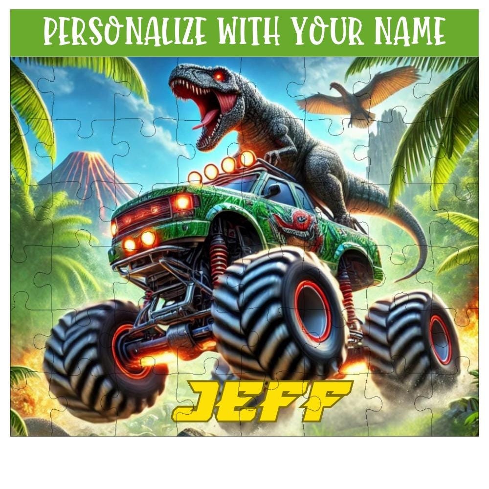 Rompecabezas personalizado de camión monstruo de dinosaurio: regalo para niños, aventura todoterreno de dinosaurios, regalo para amantes de los camiones monstruo, juguete educativo
