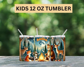 Personalized 12oz Forest Friends Tumbler for Kids: Campfire Bear, Fox Raccoon, Deer, Birthday & Holiday Gift, Party Favor, Kid Water Bottle