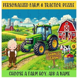 May include: A personalized farm and tractor puzzle featuring a green tractor, red barn, and a cartoon farm boy. The puzzle includes the text "Liam's Farm" and "Choose a farm boy, add a name."