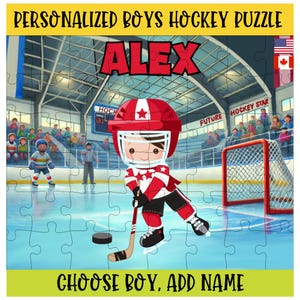 May include: A jigsaw puzzle featuring a cartoon hockey player in red and white gear on an ice rink. The name ALEX is printed in large red letters above the player. The text PERSONALIZED BOYS HOCKEY PUZZLE and CHOOSE BOY, ADD NAME are visible.