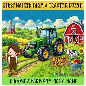 Puede incluir: Rompecabezas personalizado de granja y tractor con un tractor verde, un granero rojo y un niño de granja de dibujos animados. El rompecabezas incluye el texto "Personalized Farm & Tractor Puzzle", "Noah's Farm" y "Choose a Farm Boy, Add a Name".