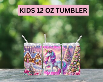 Personalized Christmas Unicorn Tumbler: Choose Color for Name, Majestic Christmas Cup, Holiday Gift, For Girls, Unicorn Lovers Water Bottle