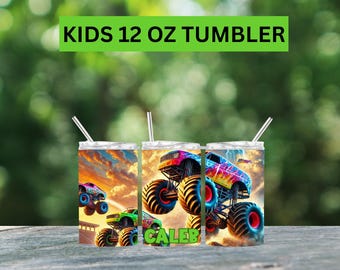 Personalized Monster Truck Tumbler: 12oz Kids Cup with Lid & Straw, Birthday Gift, Monster Truck Lovers Gift, Kids Truck Water Bottle