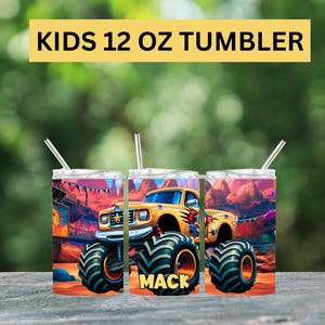 Personalized Monster Truck Tumbler: 12oz Stainless Steel Kids Cup
