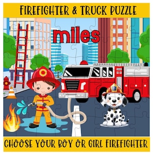 Personalized Firefighter Puzzle for Kids, Choose Your Boy or Girl Firefighter, Personalized Puzzle, Fire Truck Birthday Party Favor, Gift