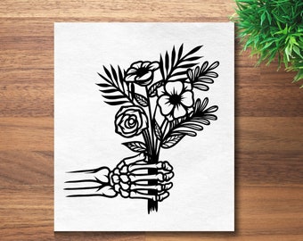 Skeleton Hand met bloemen bumpersticker, leuke bumpersticker, skelet sticker, griezelige sticker, bloem sticker, auto vinyl sticker
