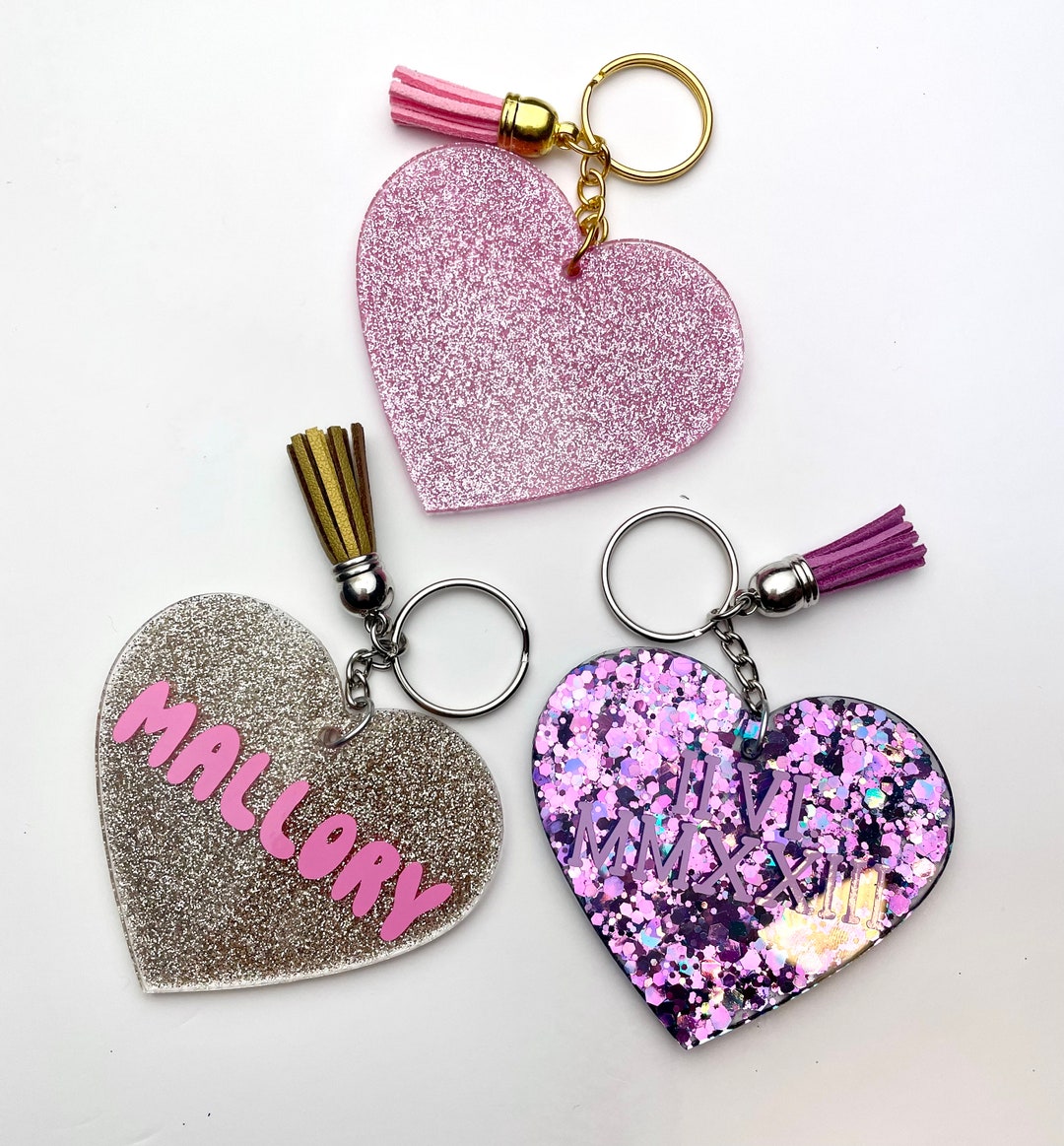 Glitter Personalized Heart Keychain Personalized Keychain Etsy