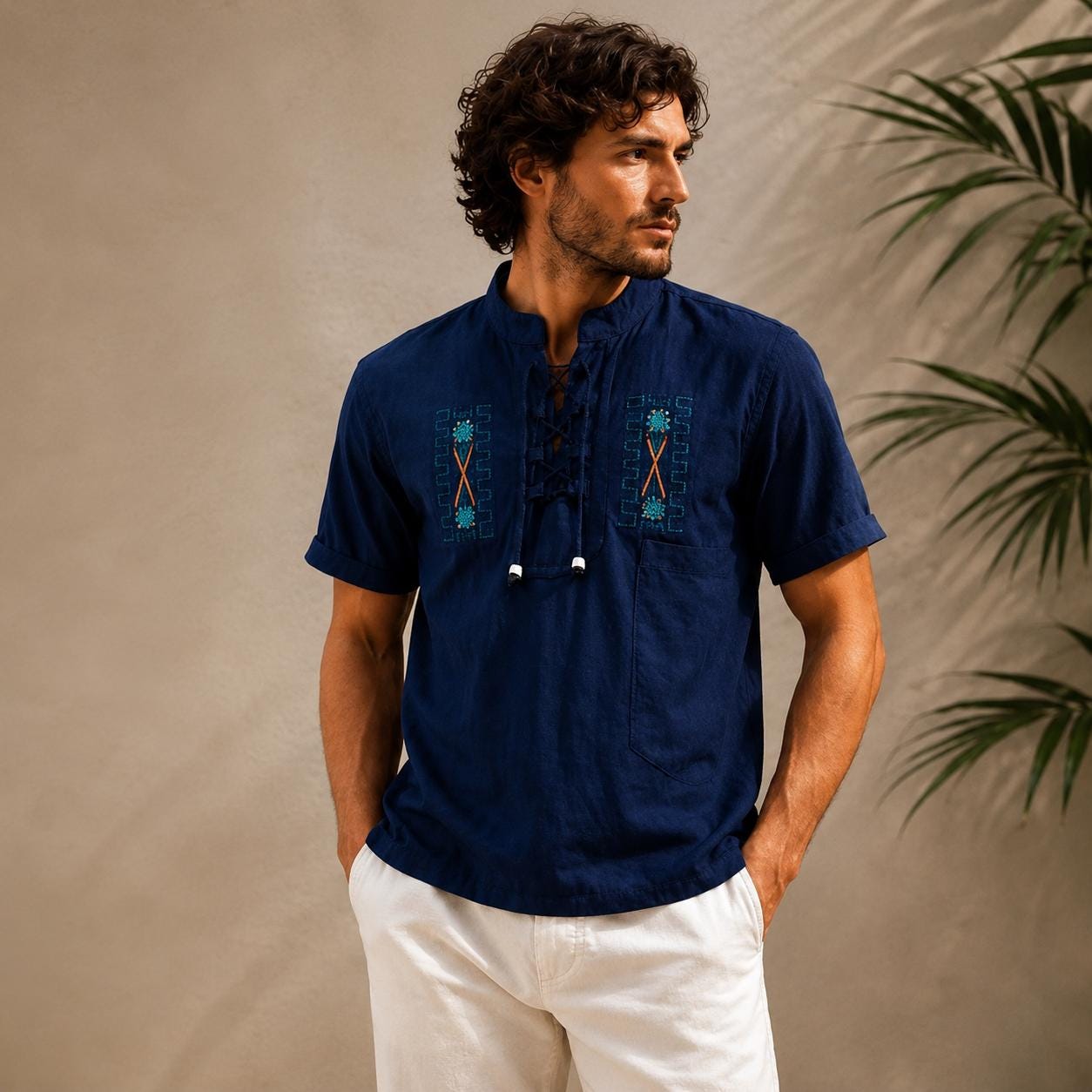 Men's embroidered boho shirt - 100% natural cotton - Handmade garment from Ecuador - Lightweight shirt for travel and festivals