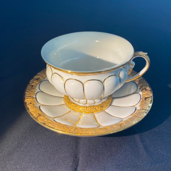 Antique Saucer and Cup Set in MEISSEN Porcelain, White and