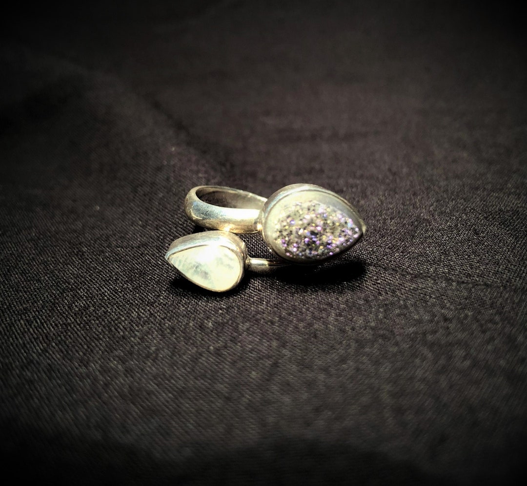 Bague En Agate Druze Et Argent 925 - Pierre Noire Et Blanche Brute - Taille Ajustable Unisexe